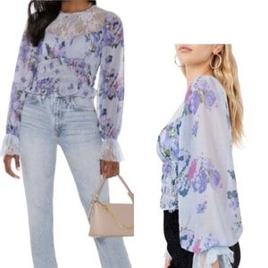 NWT Free People Daphne abstract floral blouse with ruching, Silver Blue Combo  M